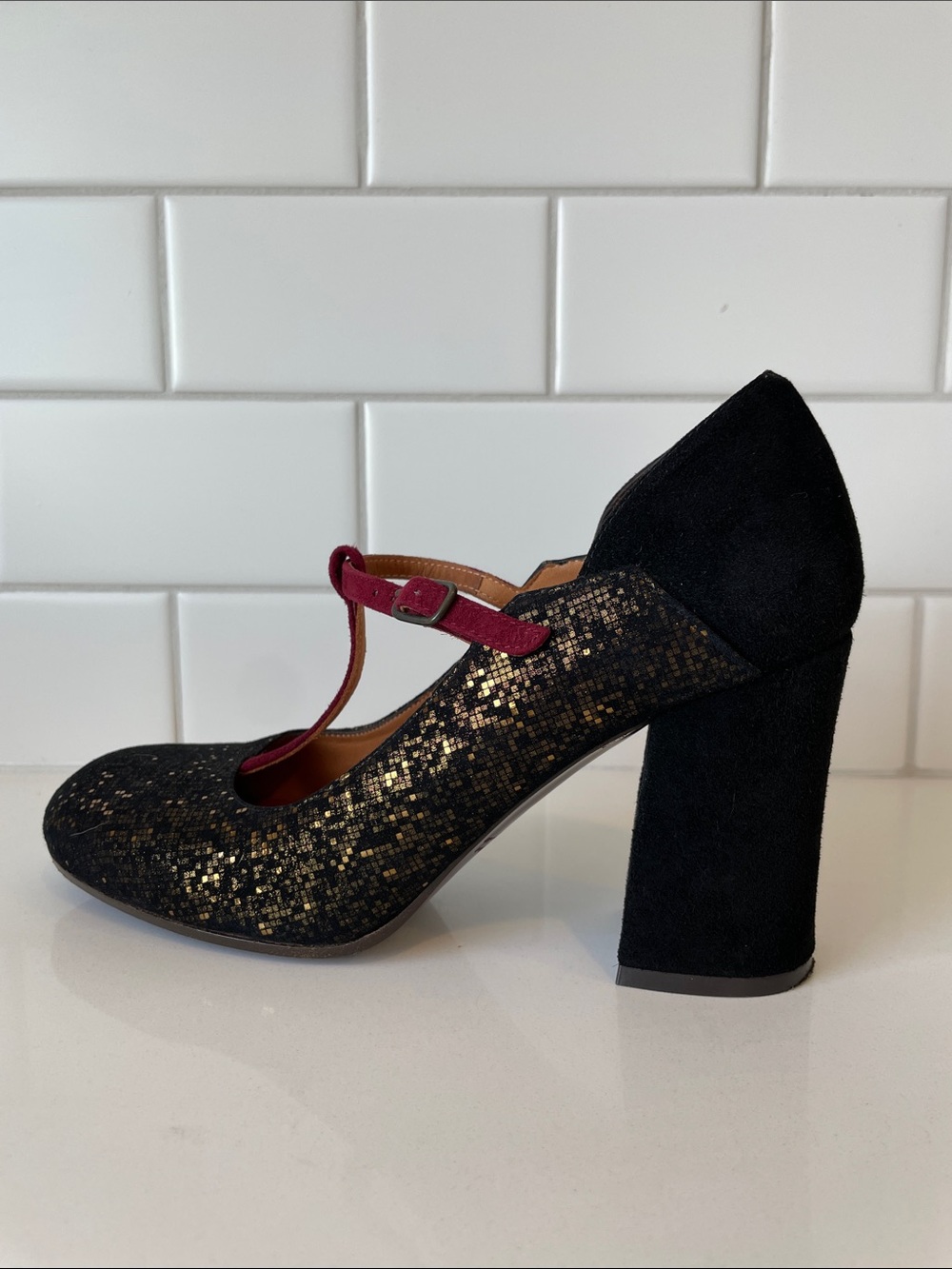 Chie Mihara Black Glitter Mary Jane Heels with Wine Pink Strap • Size 37 - Picture 10 of 16